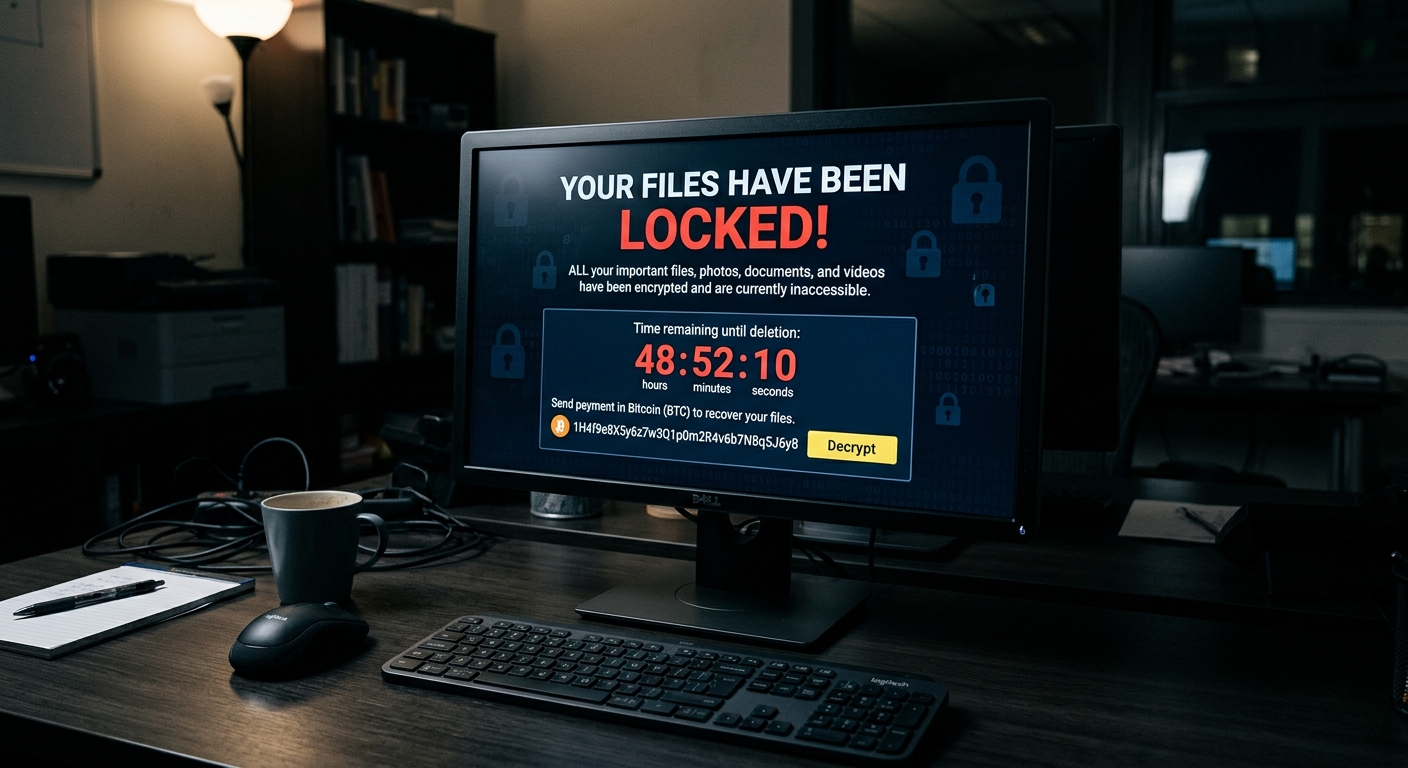 Ransomware infection lock screen demanding cryptocurrency payment